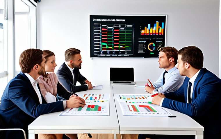 **

"A modern office setting with a brainstorming session in progress. Business people are gathered around a table covered with market analysis charts and graphs. A whiteboard displays a SWOT analysis with headings in German. The atmosphere is energetic and collaborative, reflecting a strategic reorientation meeting."

**