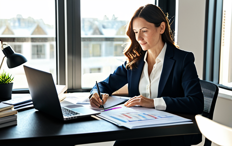 Planning for the Future**
"A woman in her late 30s, wearing a professional yet modest blazer and blouse, sitting at a well-organized desk with financial documents and a laptop displaying charts, sunlight streaming through a window, indicating a bright future, professional office environment, planner and notebook visible, fully clothed, appropriate attire, safe for work, perfect anatomy, correct proportions, natural pose, professional photography, high quality, family-friendly"
**