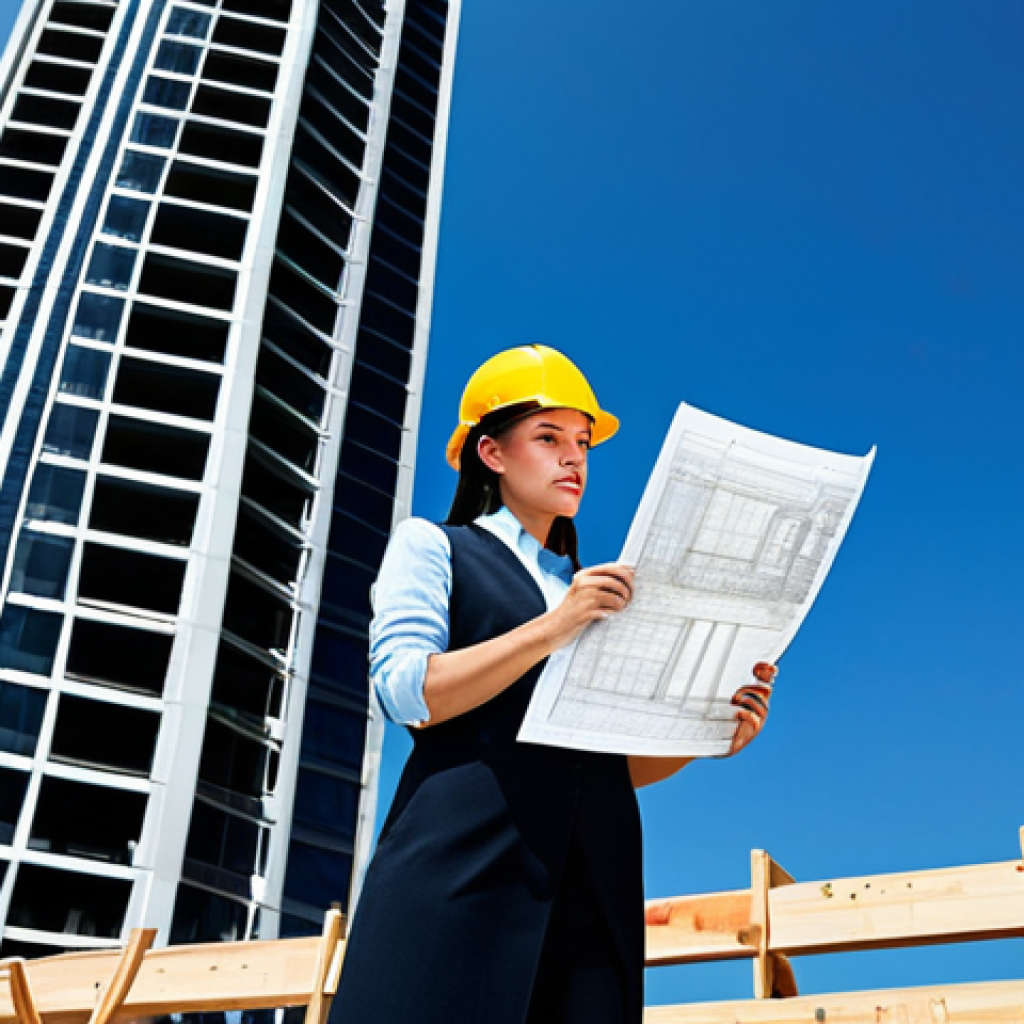 **
A professional female architect in a modern, fully clothed, modest business attire, reviewing blueprints on a construction site. Background shows a partially completed skyscraper against a clear blue sky. Safe for work, appropriate content, perfect anatomy, natural proportions, professional photography, family-friendly.
**