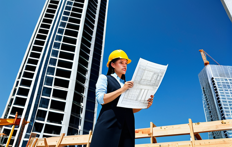 **

A professional female architect in a modern, fully clothed, modest business attire, reviewing blueprints on a construction site. Background shows a partially completed skyscraper against a clear blue sky. Safe for work, appropriate content, perfect anatomy, natural proportions, professional photography, family-friendly.

**