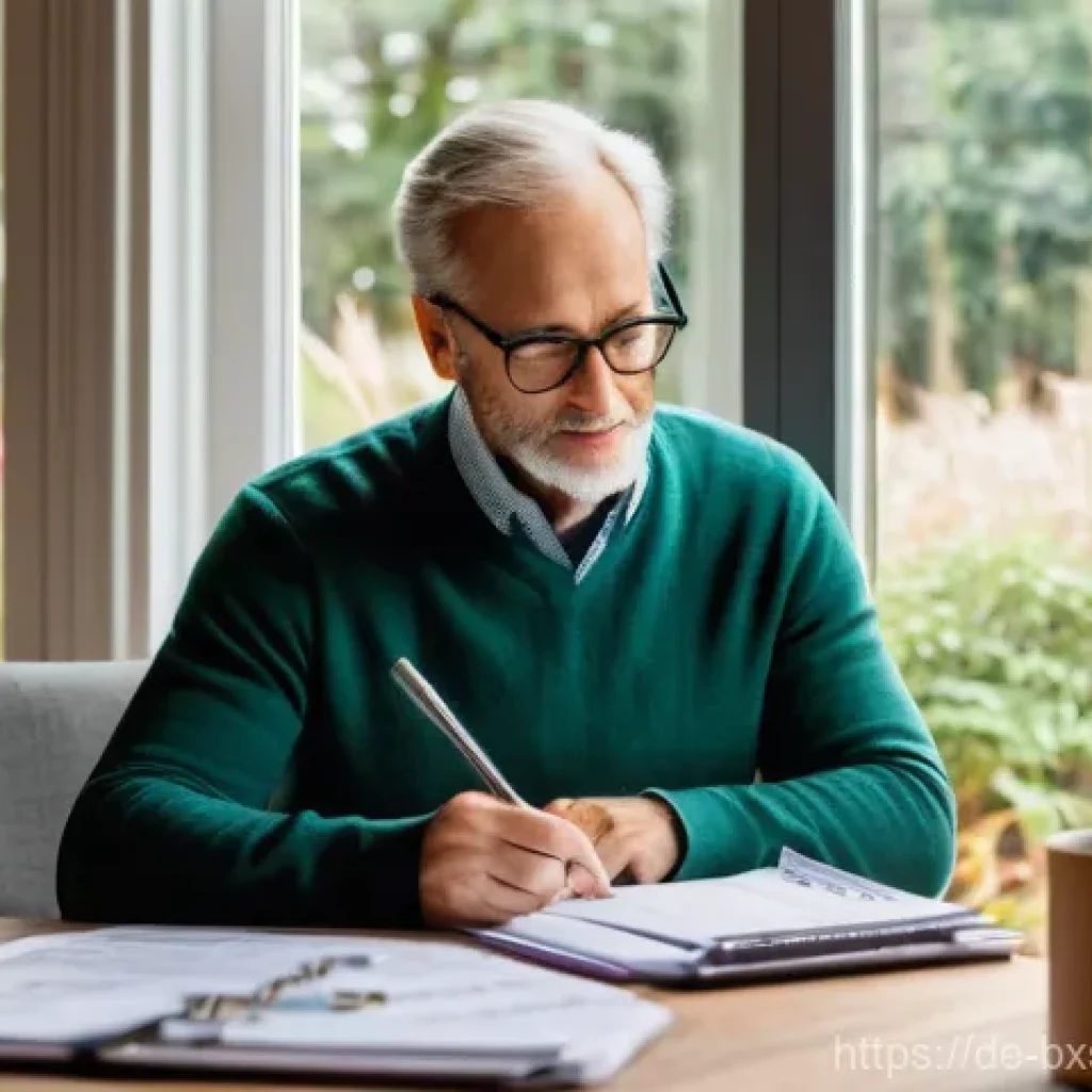 출구 전략을 위한 재무 계획 수립하기 - **Prompt:** A focused professional in their late 40s or early 50s, casually dressed in a smart sweat...