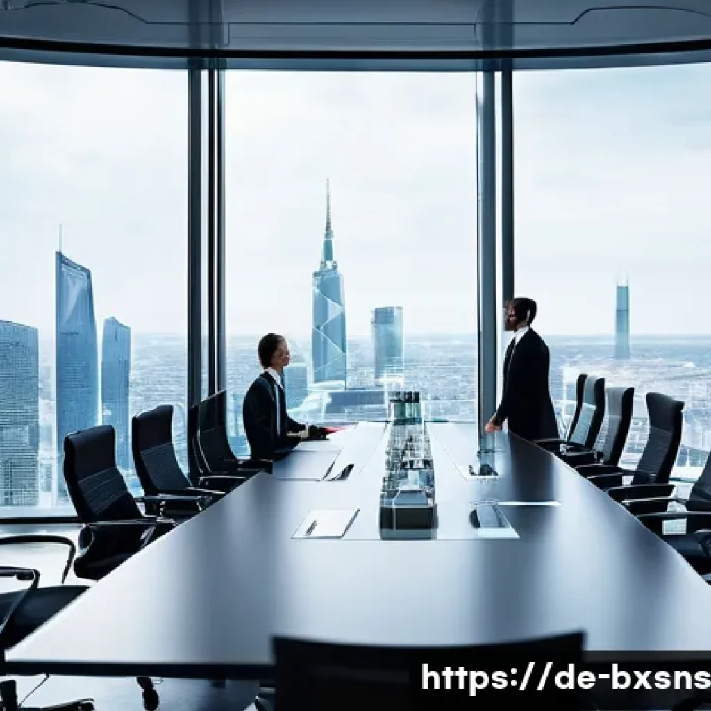 해외 진출과 출구 전략의 연관성 - A modern corporate boardroom scene in a sleek European office building, showing diverse executives i...
