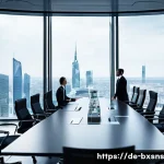 해외 진출과 출구 전략의 연관성 - A modern corporate boardroom scene in a sleek European office building, showing diverse executives i...