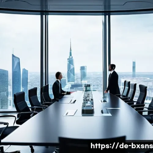 해외 진출과 출구 전략의 연관성 - A modern corporate boardroom scene in a sleek European office building, showing diverse executives i...
