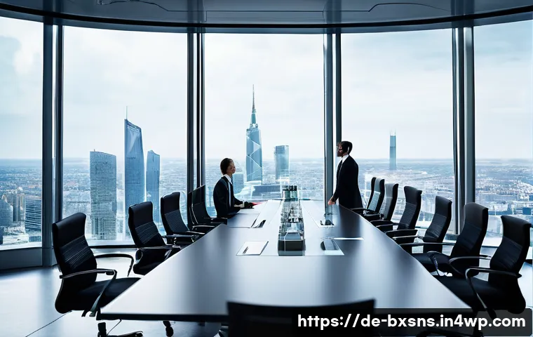 해외 진출과 출구 전략의 연관성 - A modern corporate boardroom scene in a sleek European office building, showing diverse executives i...