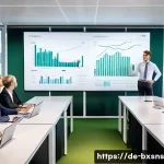 출구 전략과 기업 이미지의 상관관계 - A professional corporate meeting scene in a modern German office, showing diverse employees attentiv...
