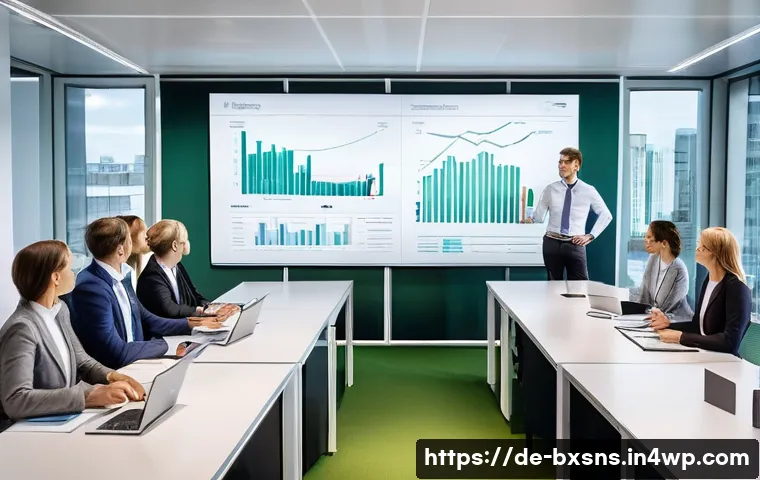 출구 전략과 기업 이미지의 상관관계 - A professional corporate meeting scene in a modern German office, showing diverse employees attentiv...