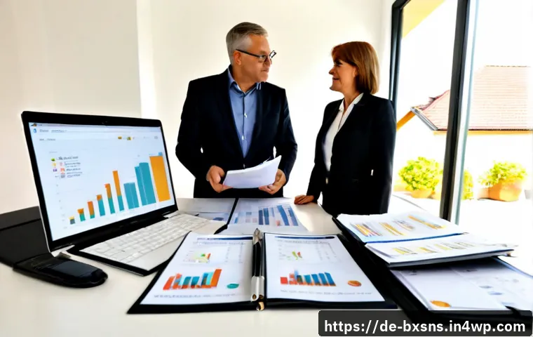 Home 17 출구 전략에서의 자산 관리 기법 - Photorealistic German financial advisor and middle-aged couple reviewing an exit strategy at a brigh...